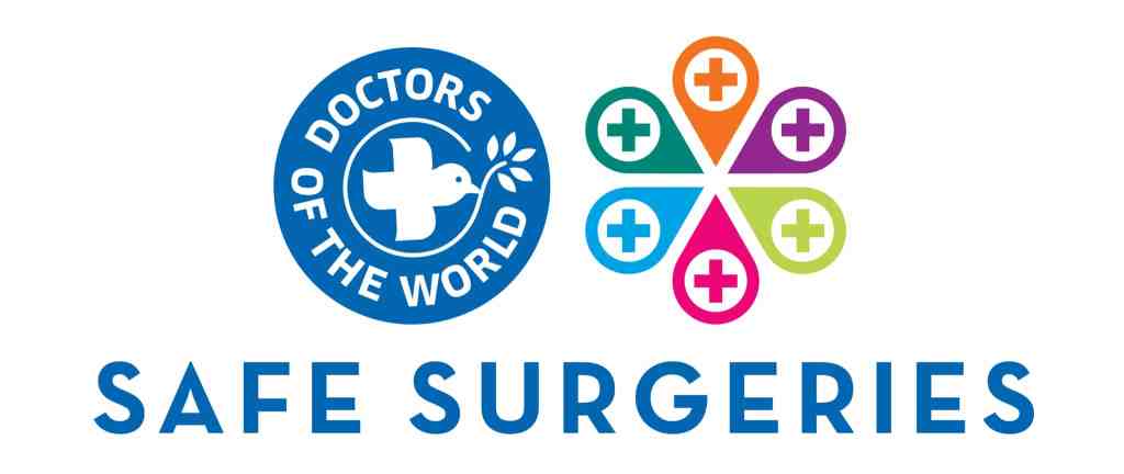 Logo of Doctors of the World and Safe Surgeries, featuring a blue circular emblem with a dove and text, alongside a colorful flower-like design with plus signs.
