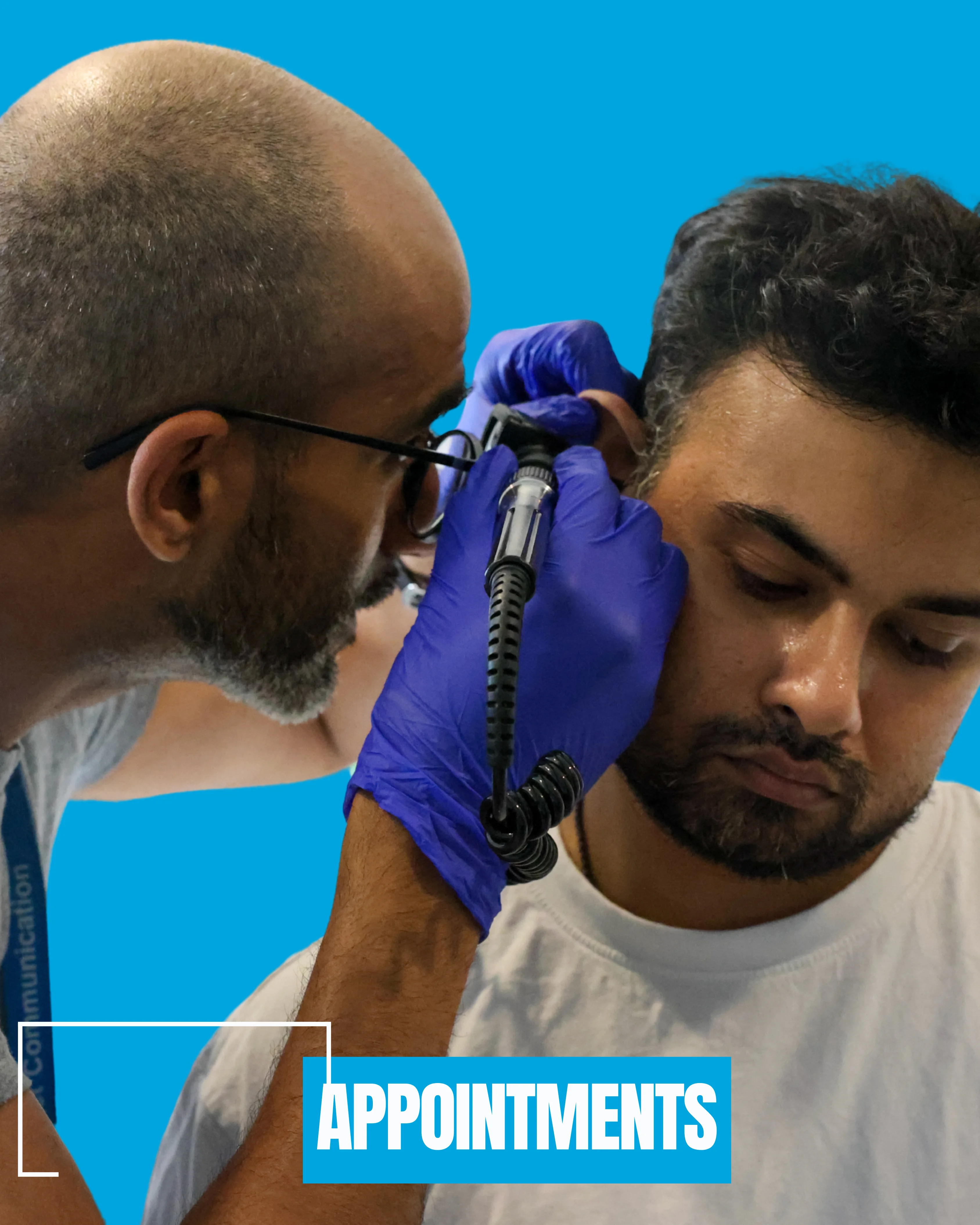 GP Appointments with NHS GP Practice, HIYOS. A healthcare professional examines a patient's ear with an otoscope, both individuals focused on the procedure against a bright blue background.