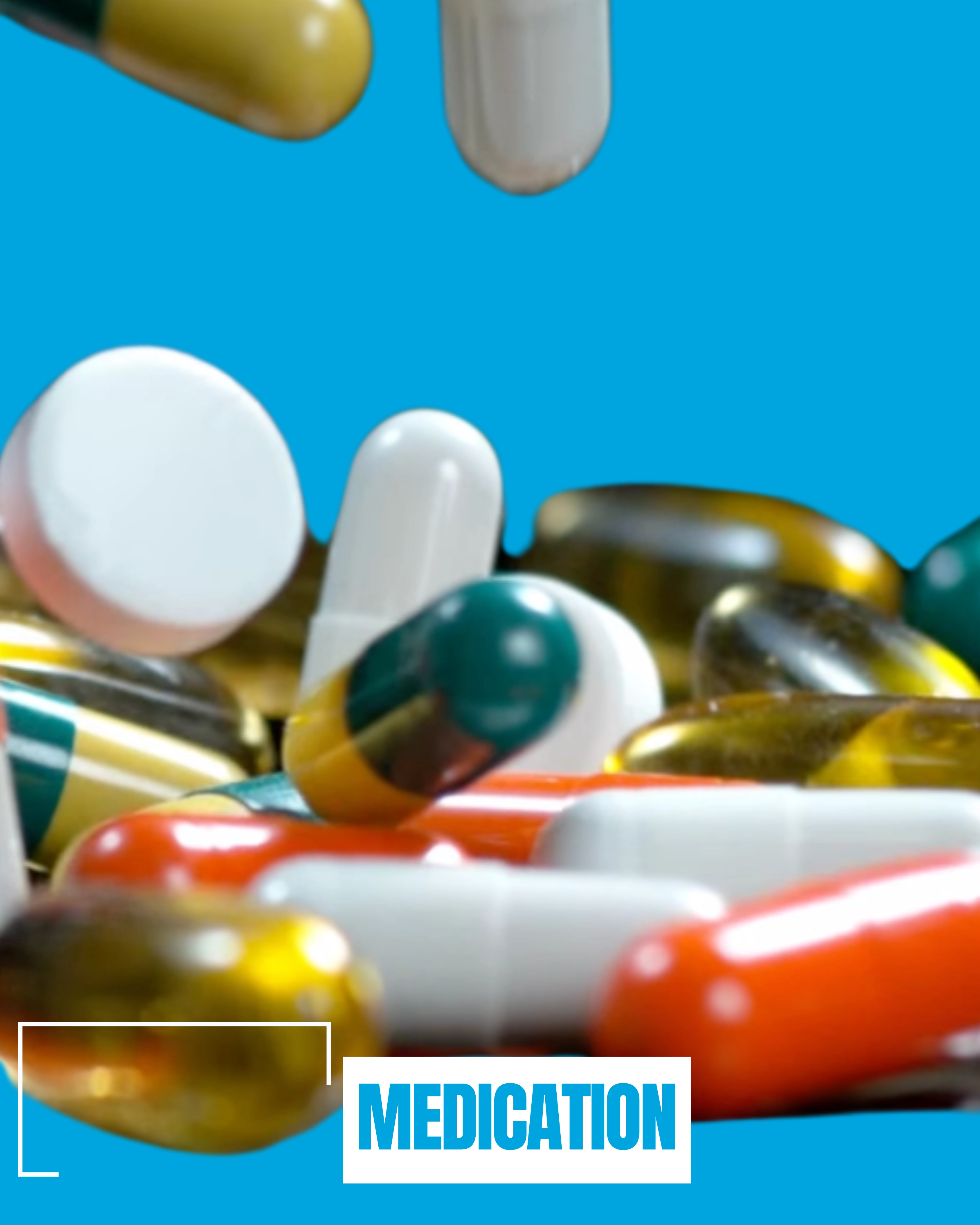 Medications and prescriptions. GP Practice. A variety of colourful medication capsules and tablets scattered on a bright blue background.