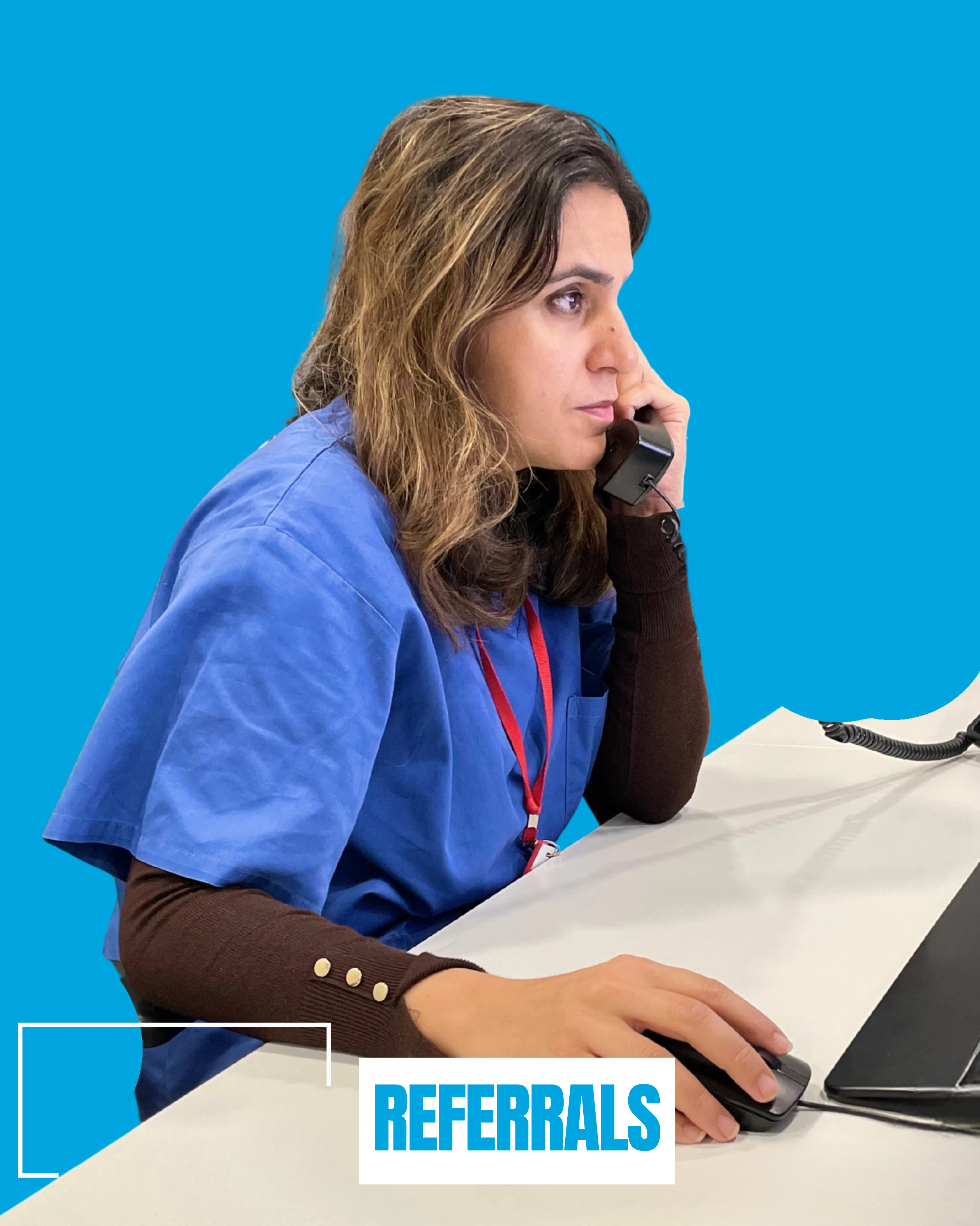 NHS Referrals for HIYOS GP PRactice. A woman GP in a blue medical uniform is speaking on the phone while using a computer mouse, with a vibrant blue background and the word 'REFERRALS' displayed prominently.