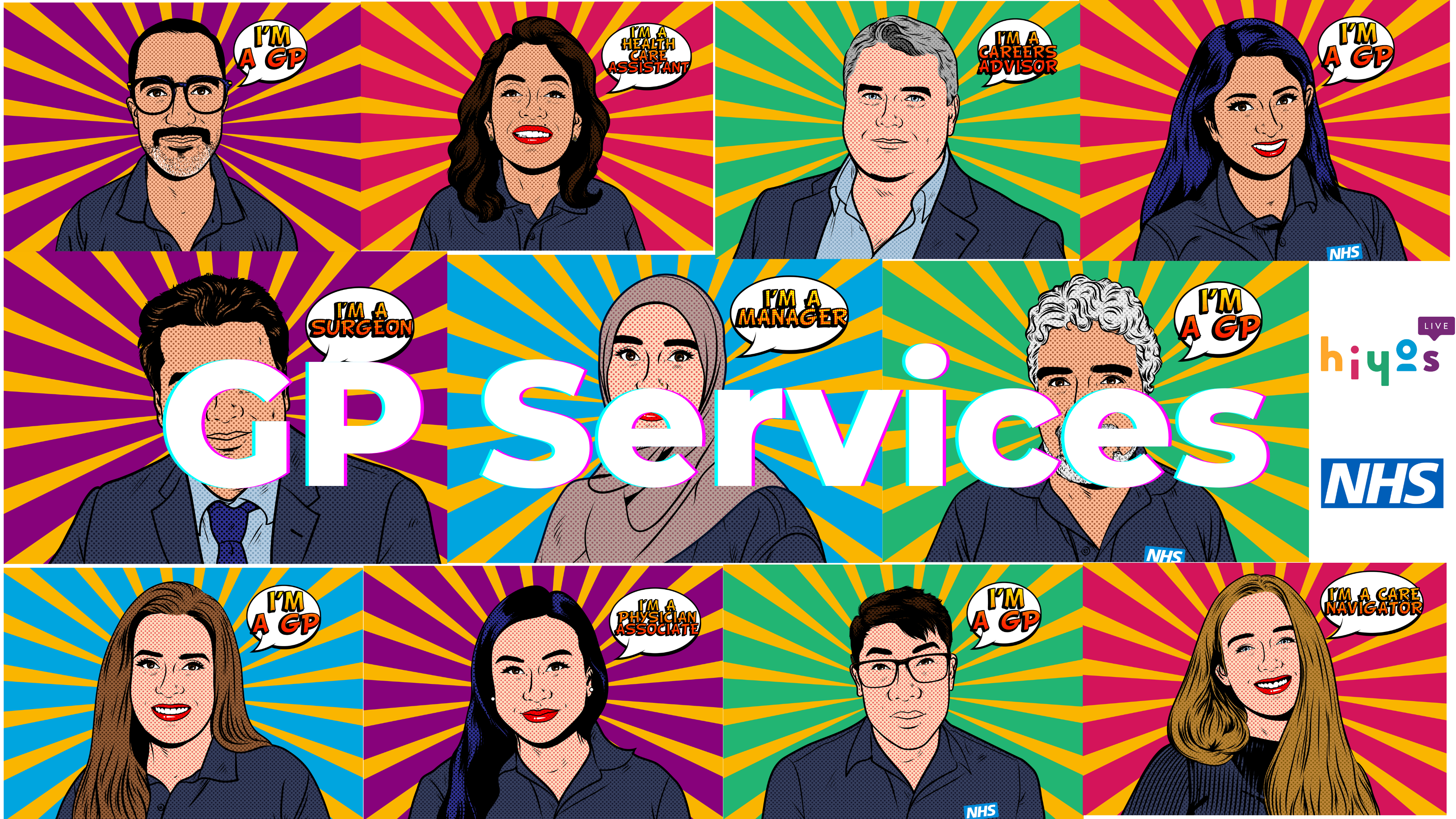 GP services text, on a background of polkodot image of staff.