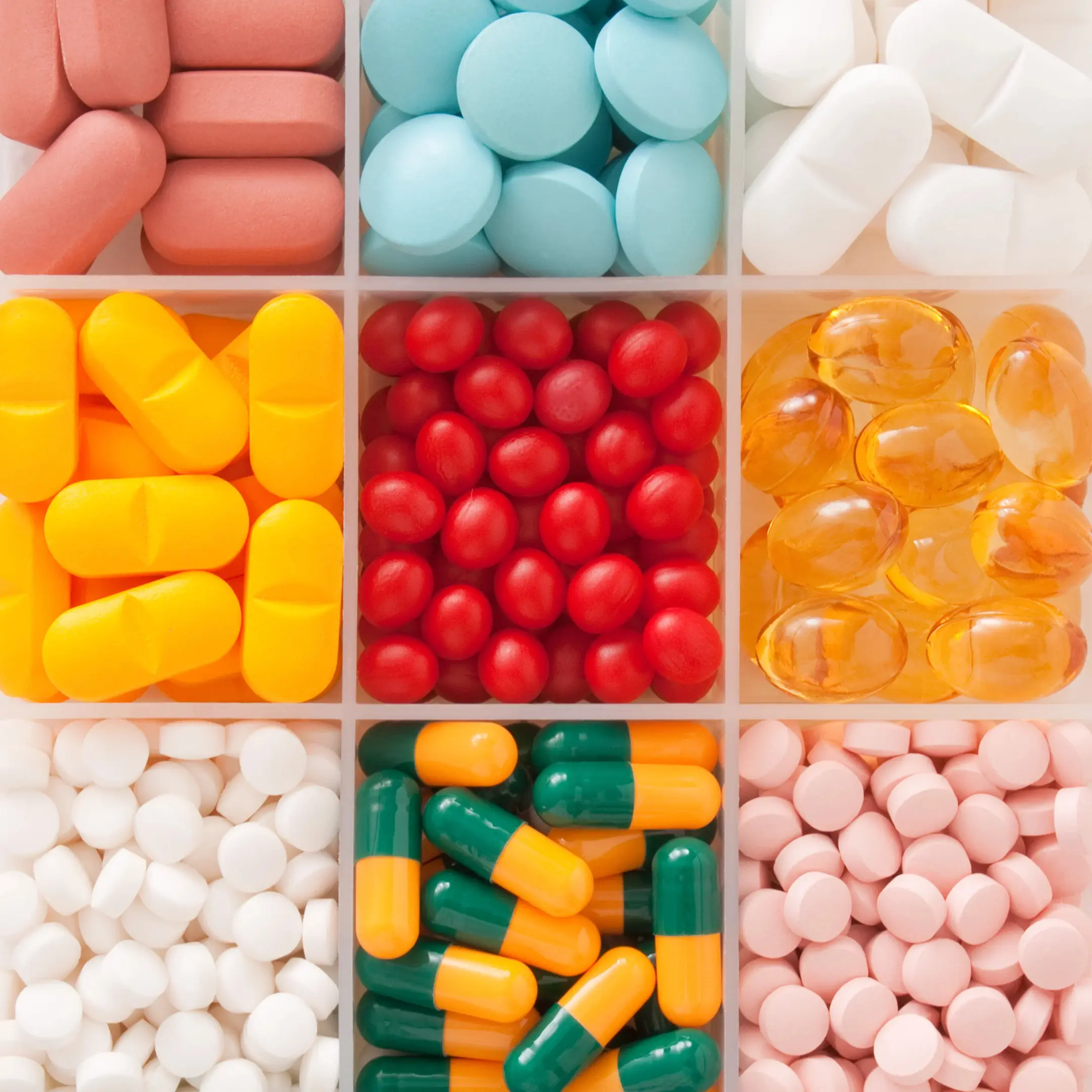 A selection of colourful medication in square boxes