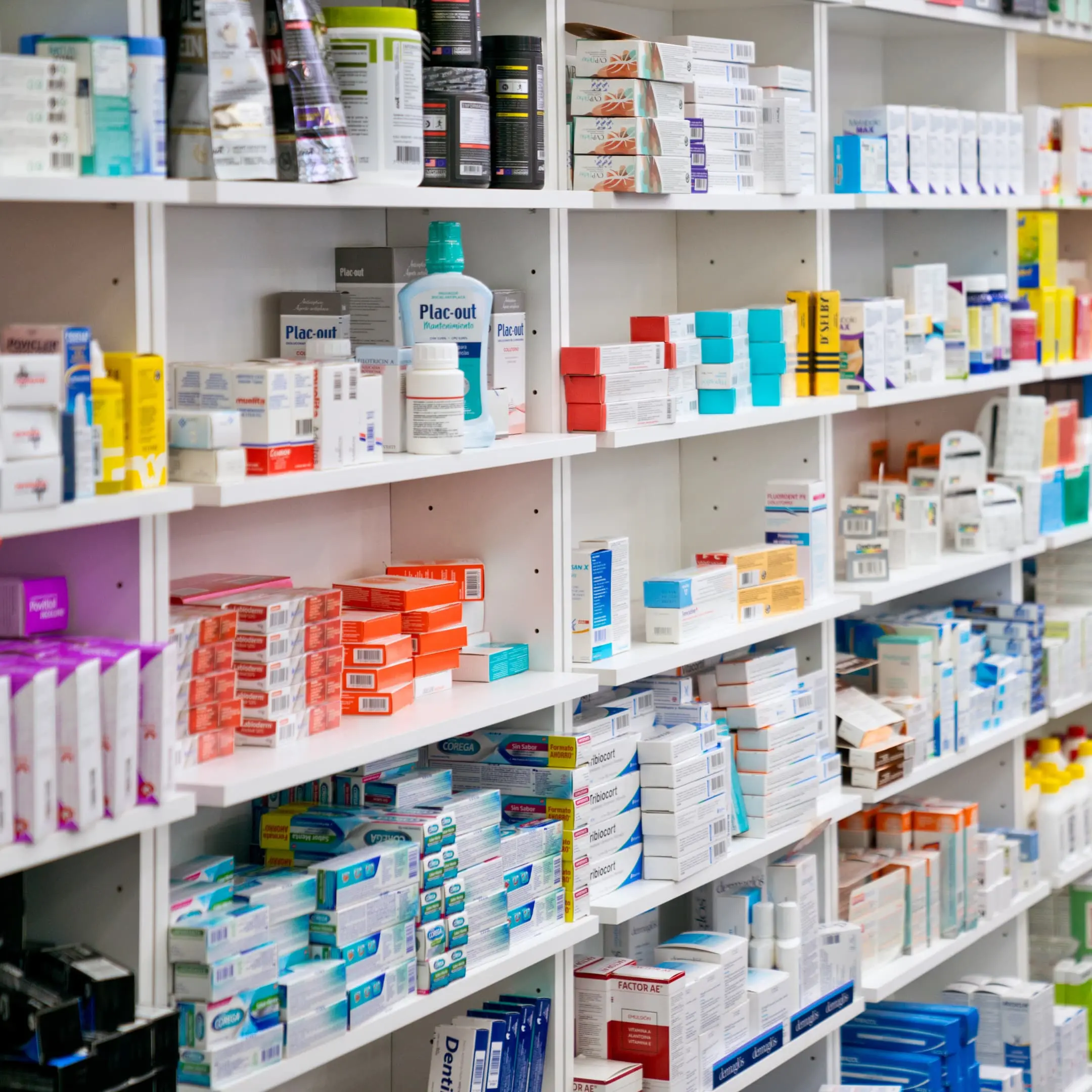 Medications on shelves in a pharmacy