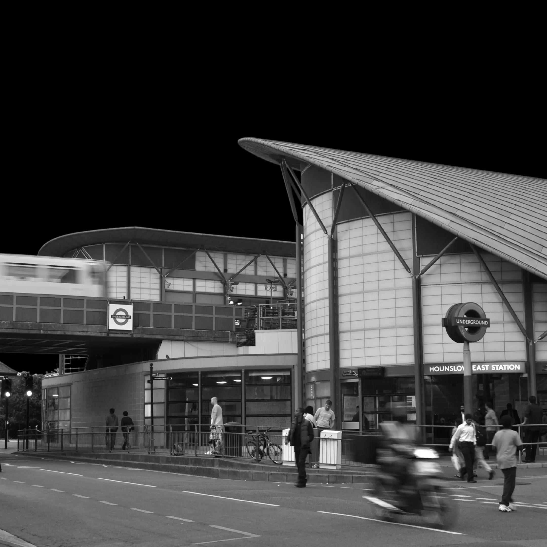 Hounslow East Tube station in London. Black and white photo