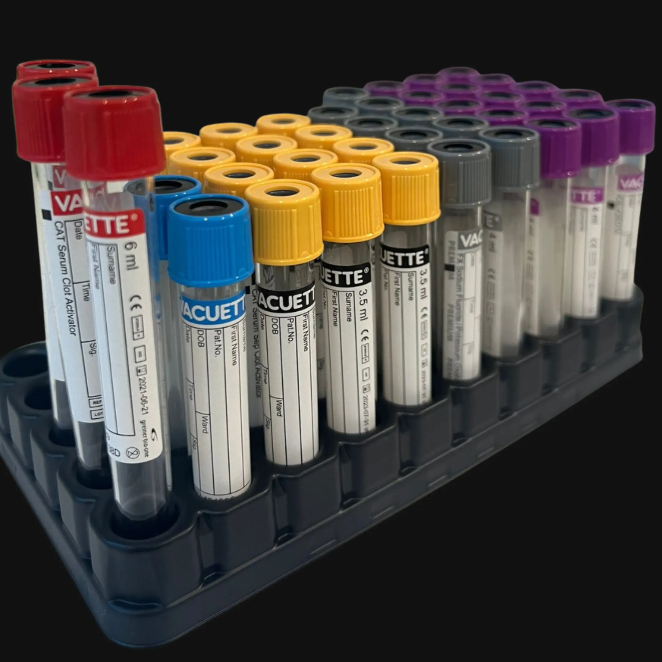 Different coloured blood test bottles
