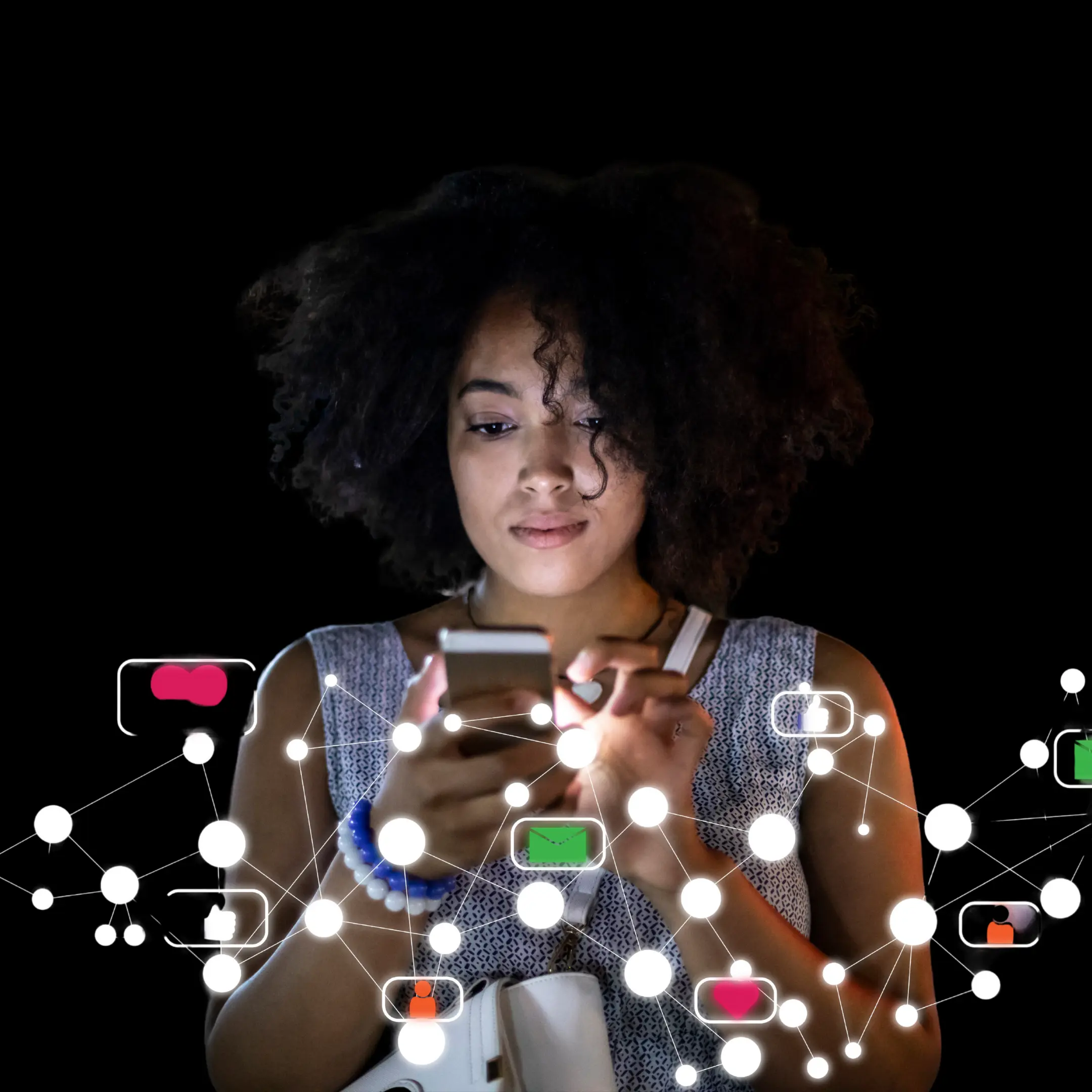 Young black woman looking at a phone with multiple social media icons around her