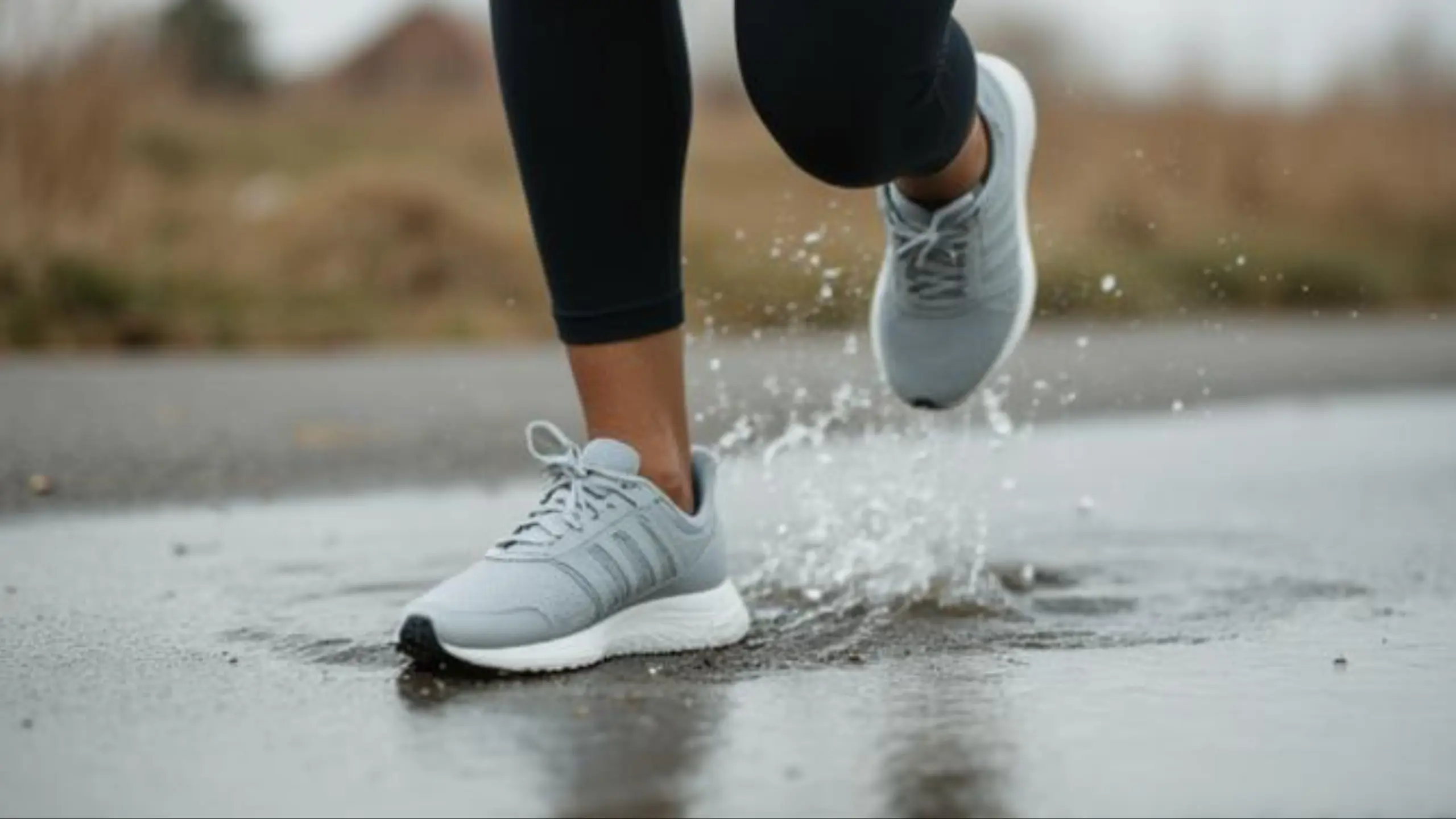 Exercise Guide. NHS. A close-up of a person running in grey athletic shoes, splashing in a puddle on a wet surface.