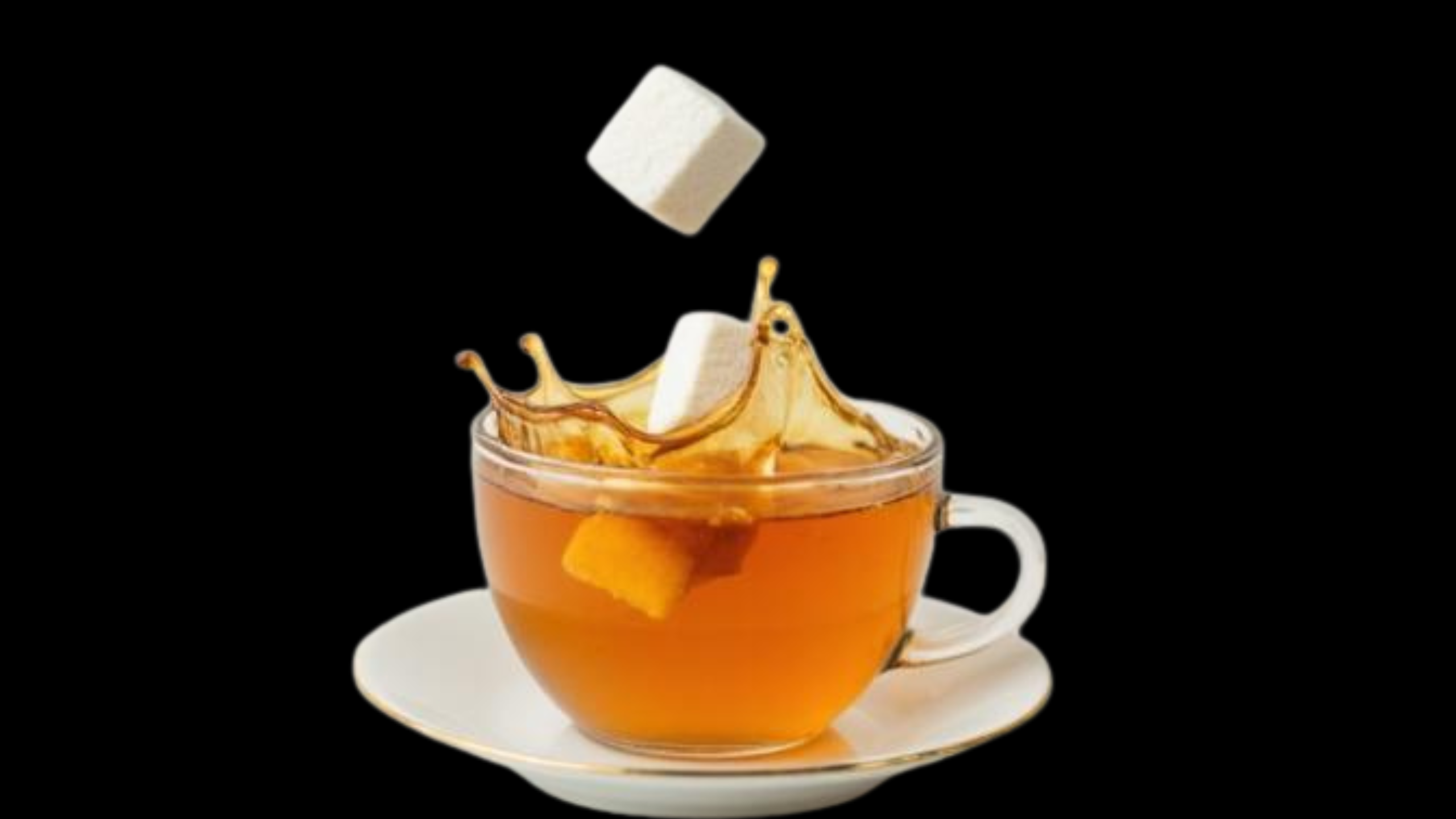 NHS Pre diabetes guide. A sugar cube dropping into a cup of tea, causing a splash, set against a black background.