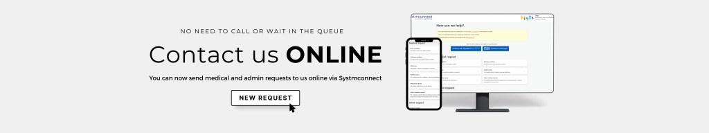 A promotional banner inviting users to contact the service online, featuring a desktop monitor displaying a contact form and a smartphone beside it, with a 'New Request' button highlighted. GP Triage system. NHS